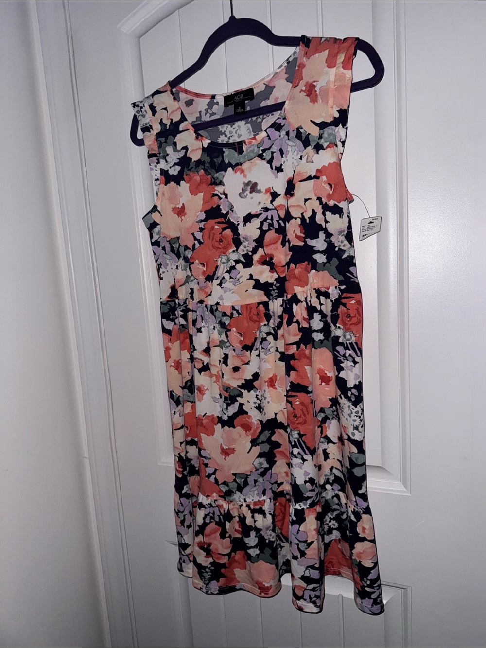 AGB Floral Sleeveless Tiered Dress Size Small Navy Coral Pink NWT
